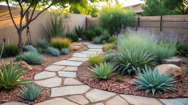 Xeriscaped garden flourishing under climate change with desert plants and pathways